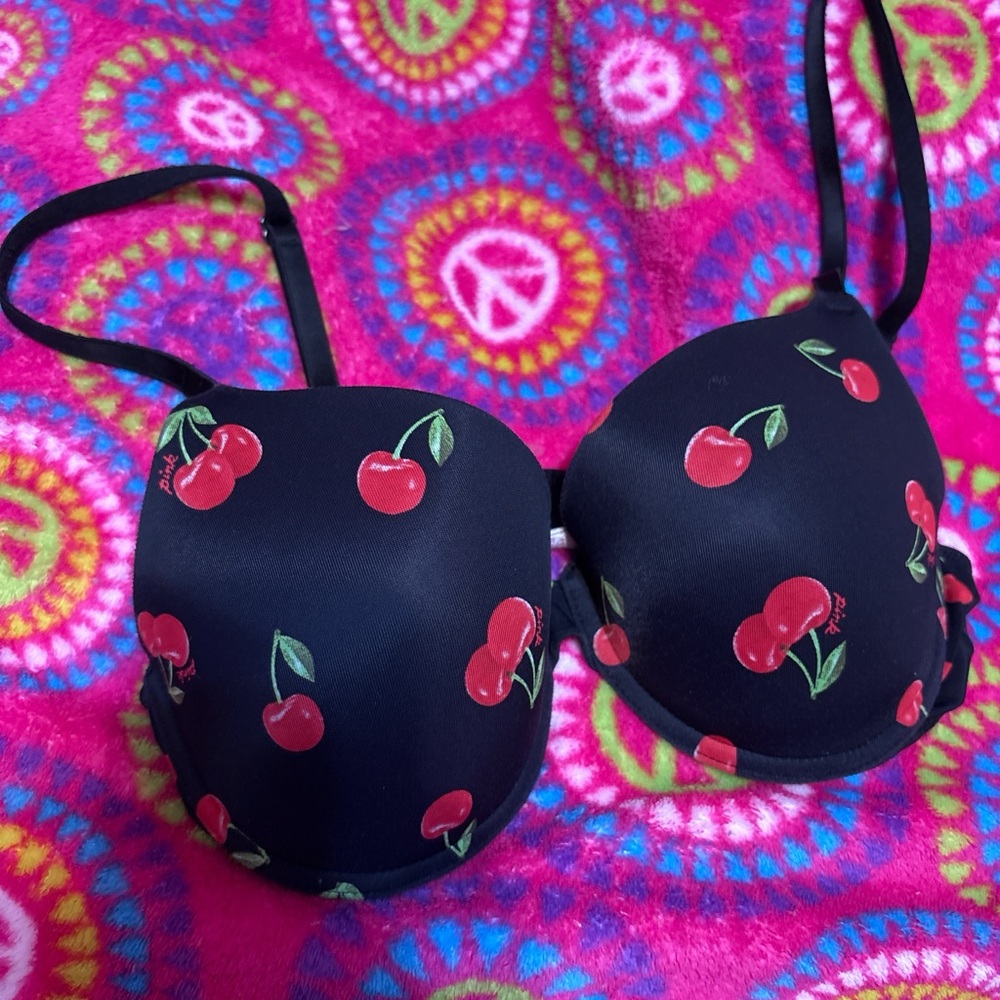 Cherry Print Black Bra